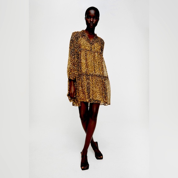 ZARA Sheer, Airy tiered Cheetah Print Dress with attached Slip & ruffle neck🔥 - Picture 4 of 7
